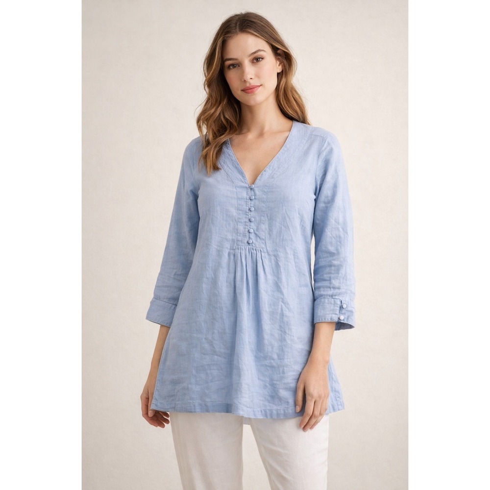 Malvin‎ Hamburg Light Blue 100% Linen V-Neck 3/4 Sleeve Tunic Top Small US 6